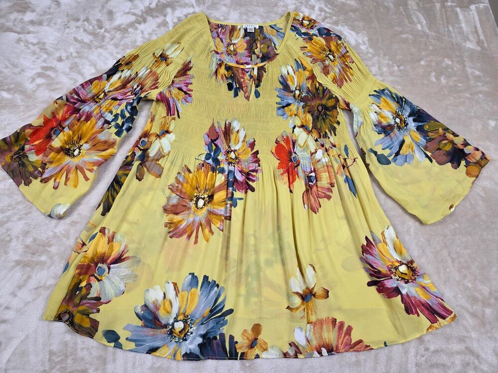 Spense Boho Floral Smocked Yellow Blouse
